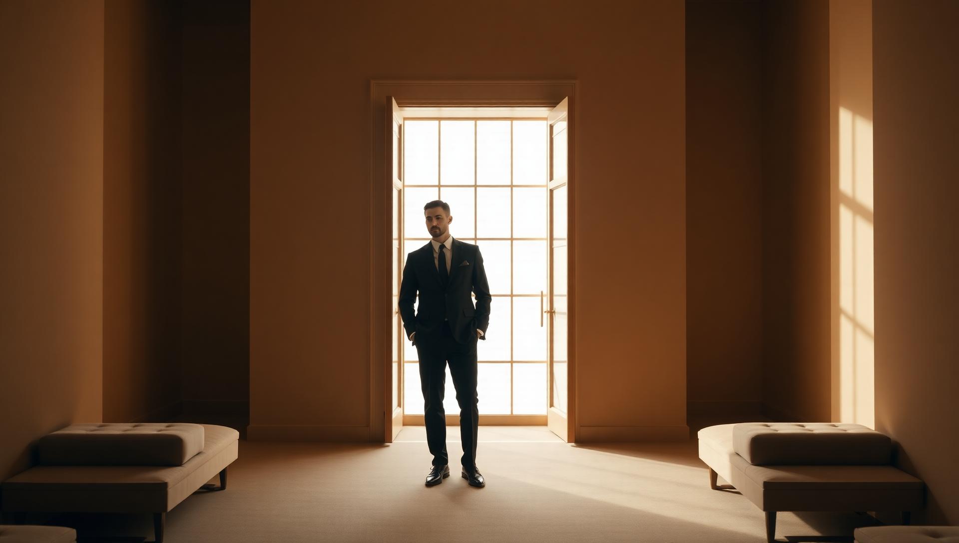 Sophisticated man in a tailored suit standing in a sunlit, warm-toned architectural interior, reflecting Thirty's editorial perspective on modern leadership and people strategy