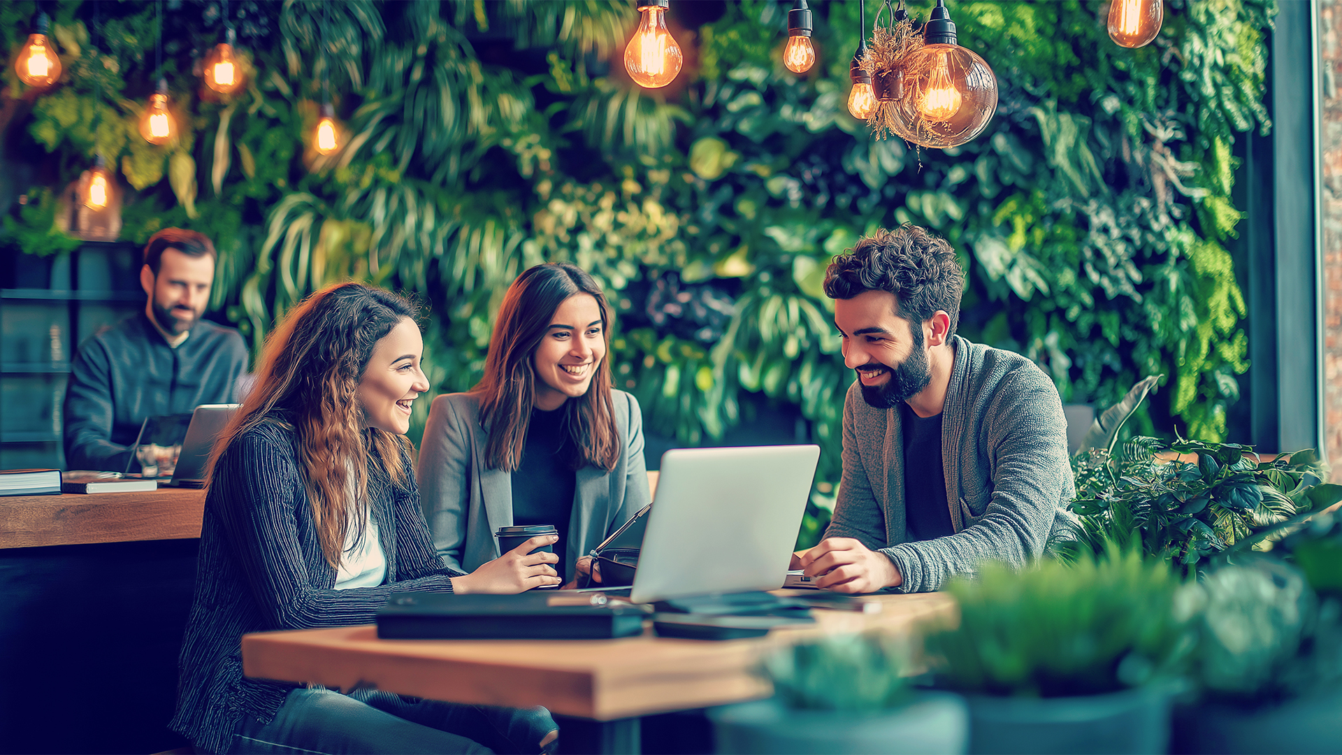 Collaborative team meeting in a plant-filled creative workspace